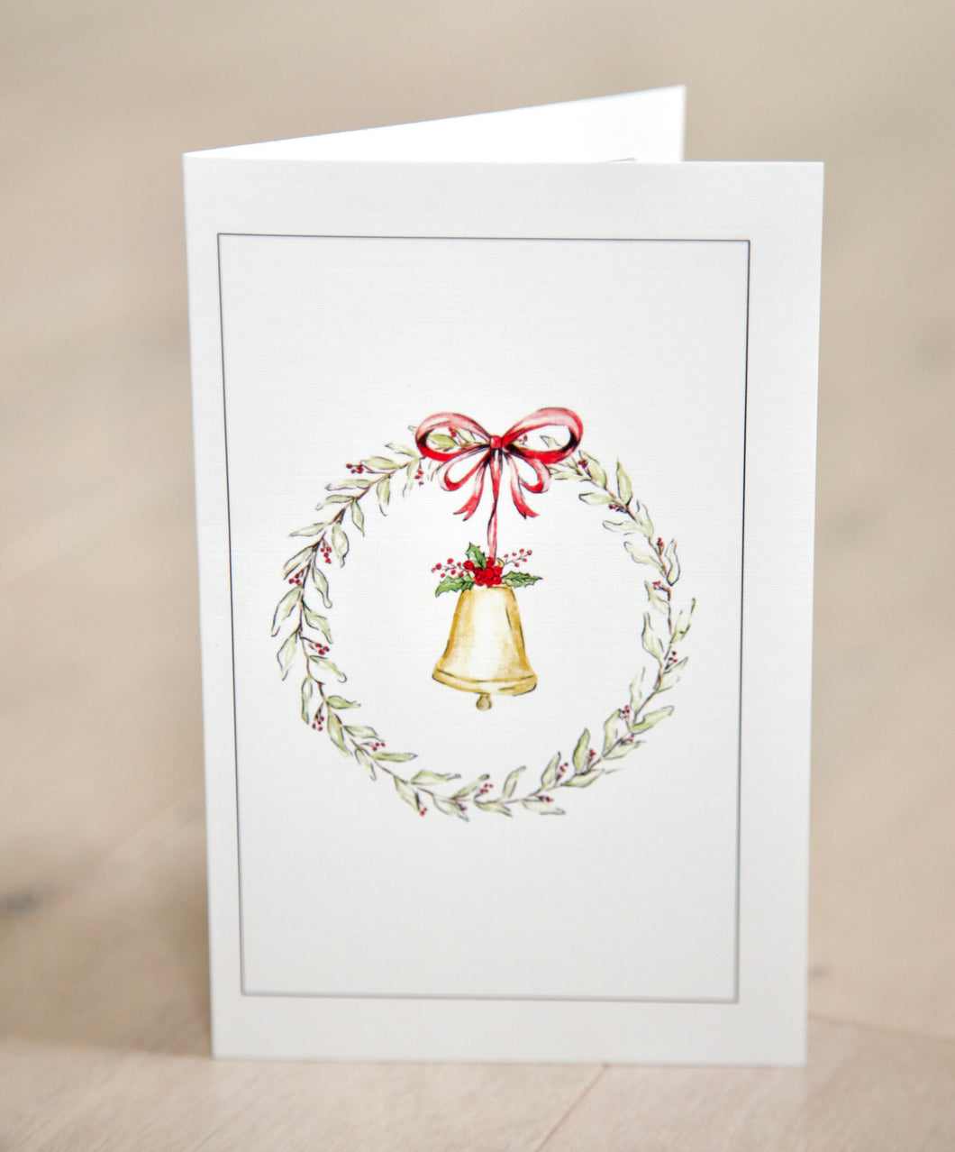 Evergreen Wreath with Red Bow and Christmas Bell - Watercolor Christmas Card