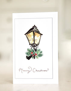 Holly and Fir Gaslamp - Watercolor Christmas Card
